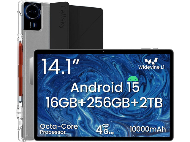 14 Inch Android 15 Tablet, 16GB RAM+256GB ROM, 1920x1200 FHD IPS Display, Widevine L1, 10000mAh Battery, 4G LTE, Wi-Fi & Bluetooth 5.0, Multi-Angle...