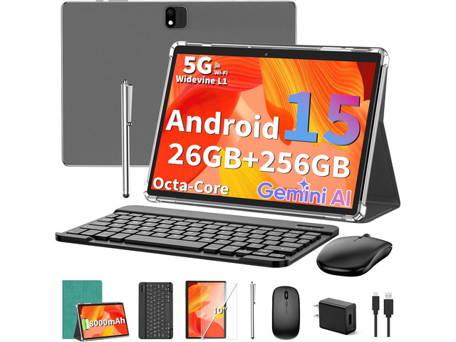Android Tablet with Keyboard, Android 15 Tablet 10 inch, 26GB+256GB+2TB Expand, 2-in-1 Tablets with 8-Core, 5G WiFi, 8000mAh, BT5.0, GMS, GPS,...