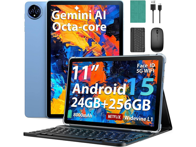Suicoey 2026 11 Inch Android 15 Tablet with Keyboard, 24GB RAM + 256GB ROM, 2TB Expand, Octa-core, 8000mAh, 5+13MP, 2.4G & 5G WiFi, Gemini AI, GPS, 2...