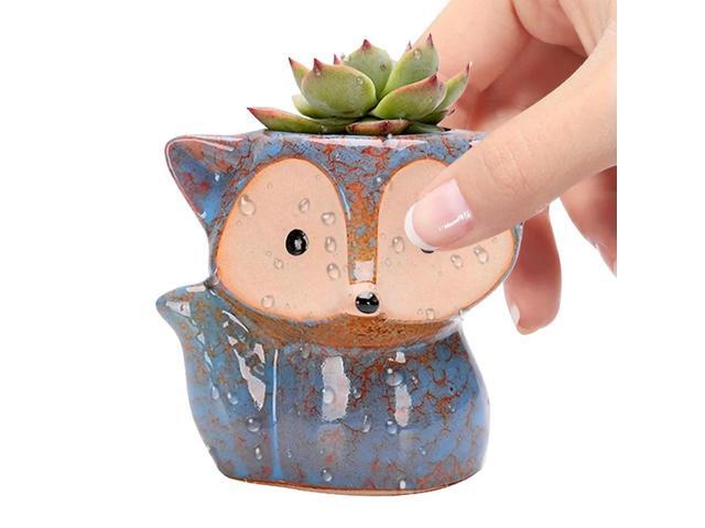 Fox Ceramic Succulent Pot Cartoon Bonsai Pot Multi-Function Small Plant Holder with Drain Hole Succulent Planter for Home Office