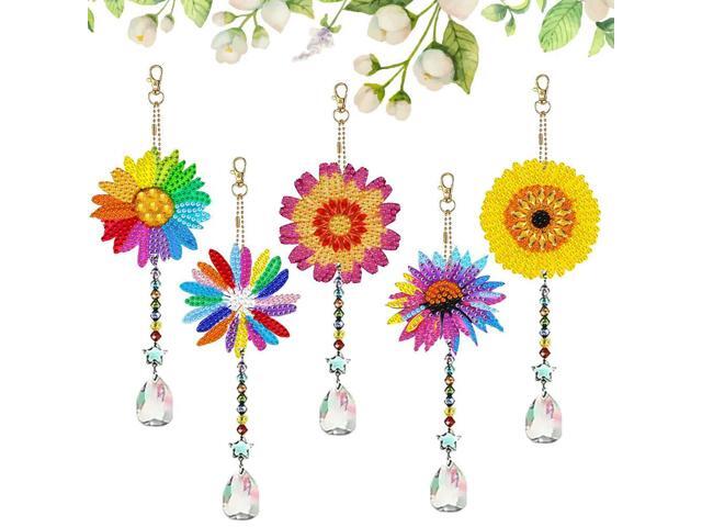 5Pcs Acrylic Double Sided Flower Diamond Painting Keychain Diamond Painting Art Keychain Pendant for Home Birthday Party Decor