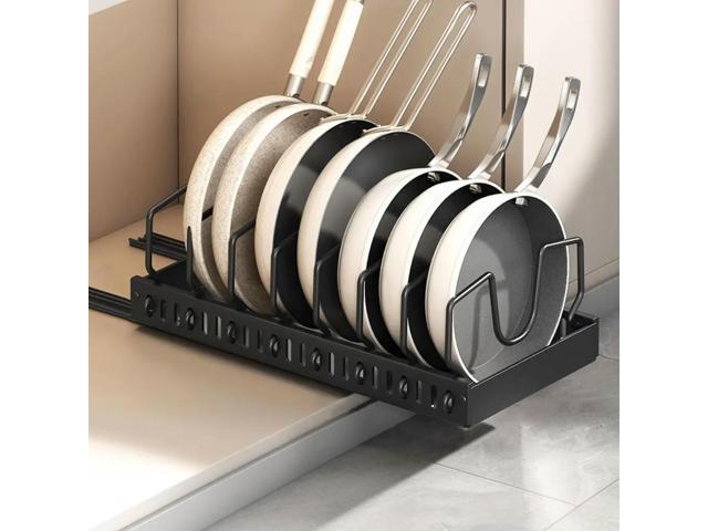 Kitchen Pots Pans Organizer with 8 Adjustable Dividers Sliding Dish Drying Shelf Slide Out Pot Pan Organizer for Under Cabinet