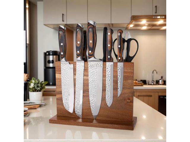 Magnetic Knife Block Double-Sided Wooden Knife Holder Knife Set Holder Stand with Strong Enhanced Magnets for Counter Top