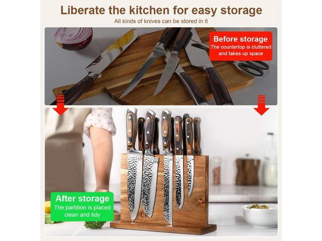Magnetic Knife Block Double-Sided Wooden Knife Holder Knife Set Holder Stand with Strong Enhanced Magnets for Counter Top