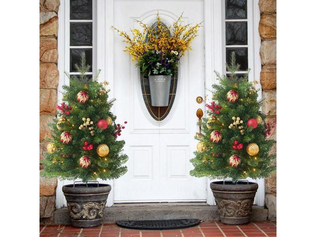 Holiday Christmas Tree with Tripod Stake Artificial Xmas Tree with Balls Berries Holiday Planter Filler for Front Porch Pathway