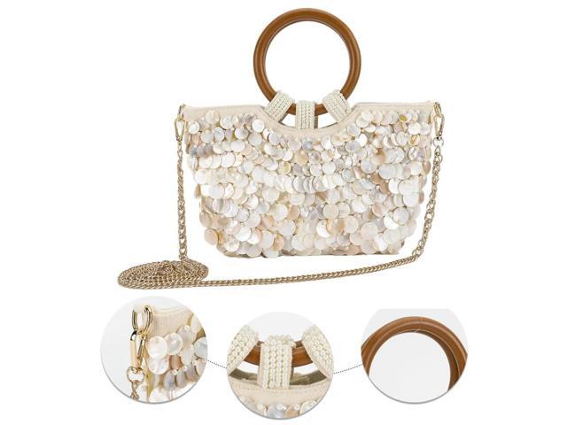 Handmade Heavy Industry Natural Shell Beaded Clutch Purse Wooden Handle Beach Bag Women's Wedding Party Bag 2025