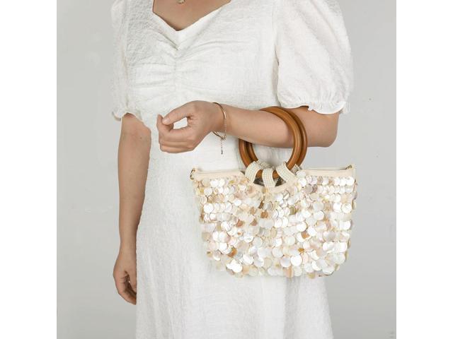 Handmade Heavy Industry Natural Shell Beaded Clutch Purse Wooden Handle Beach Bag Women's Wedding Party Bag 2025