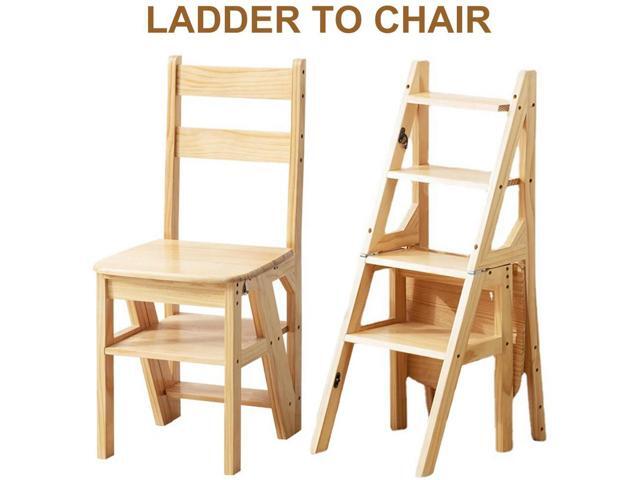 4 Tier Solid Wood Folding Chair Multi-Function Convertible Wood Ladder Folding Step Stool for Indoor Living Room Bedroom