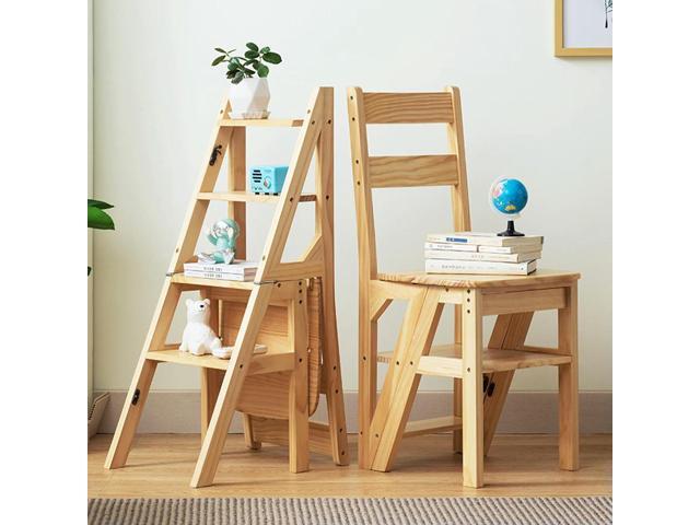4 Tier Solid Wood Folding Chair Multi-Function Convertible Wood Ladder Folding Step Stool for Indoor Living Room Bedroom