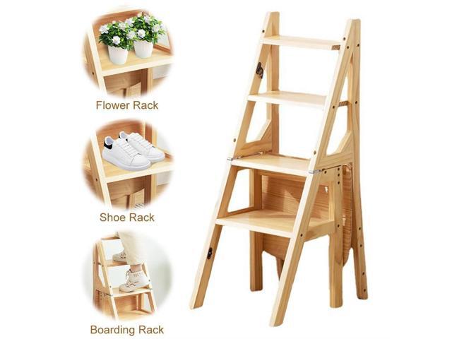 4 Tier Convertible Wood Ladder Multi-Function Folding Step Stool Anti-Slip Climbing Ladder Chair for Indoor Living Room Bedroom