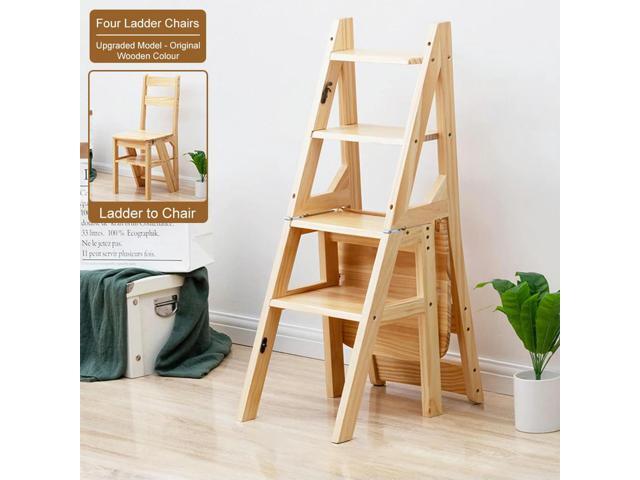 4 Tier Convertible Wood Ladder Multi-Function Folding Step Stool Anti-Slip Climbing Ladder Chair for Indoor Living Room Bedroom