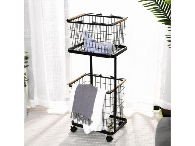 2 Tier Wire Laundry Hamper Cart with Wheels Laundry Hamper Trolley Laundry Clothes Basket for Laundry Room Bathroom Bedroom