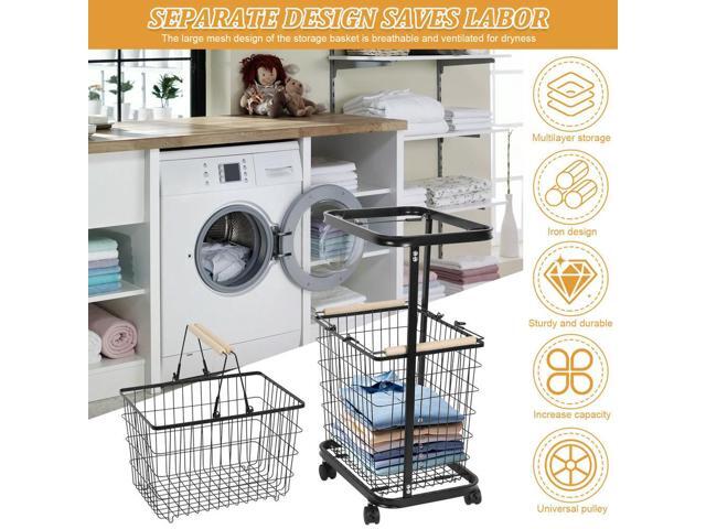 2 Tier Wire Laundry Hamper Cart with Wheels Laundry Hamper Trolley Laundry Clothes Basket for Laundry Room Bathroom Bedroom