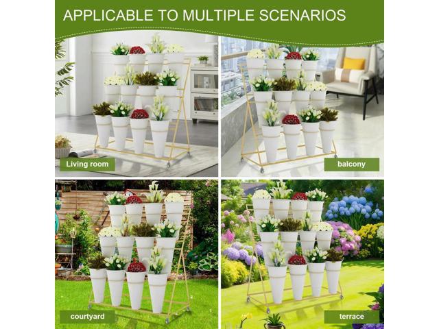 Flower Display Stand 3 Layers l Moving Plant Cart Shelf Florist Shelf Golden Frame l Shelf for Outdoor Balcony Courtyard