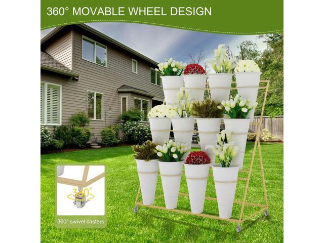 Flower Display Stand 3 Layers l Moving Plant Cart Shelf Florist Shelf Golden Frame l Shelf for Outdoor Balcony Courtyard