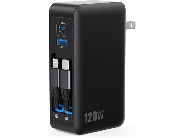 USB C Charger Block 120W with Built-in 2 Retractable Cables,4-in-1 GaN IV Charger Fast Charging Foldable Plug Wall Charger,PD 65W Laptop Charger...