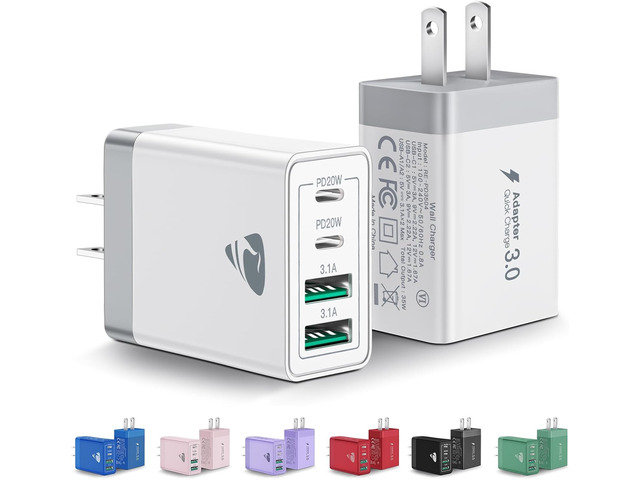 [2-Pack] USB C Wall Charger, 40W Fast USB C Charger Block, 4-Port PD Power Adapter + QC Wall Plug Multiport Type C Charging Block Cube Compatible...