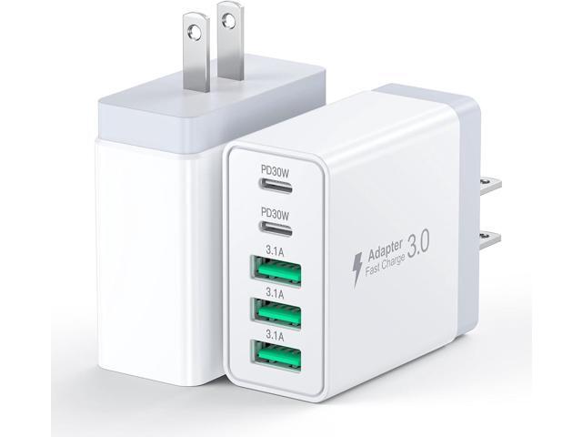 [2-Pack] 60W USB C Wall Charger,5-Port Fast USB C Charging Block 30W Type C Power Adapter,2USB C+3USB A Multiport Charging Cube USB A Wall Plug for...
