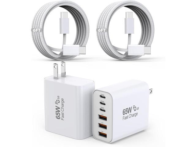 65W USB C Charger Block, 2Pack 6-Port Fast Charging Block with 6ft Long TypeC to TypeC Woven Cable Cord,Multiport Plug,USB C Power Adapter for...