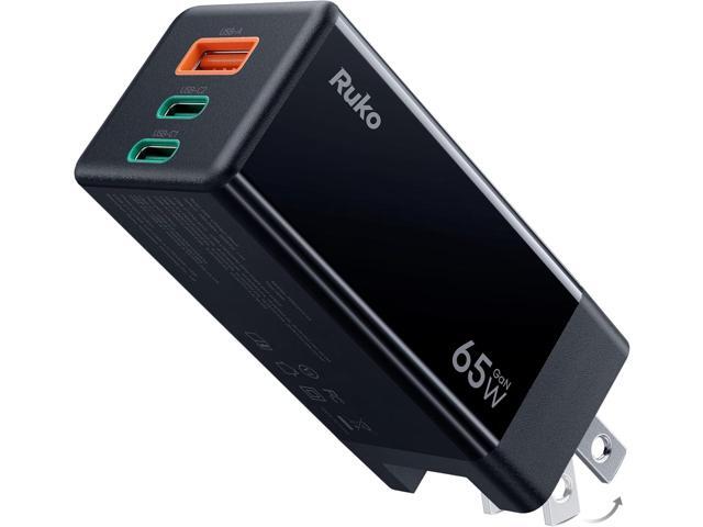 Ruko PD65W USB C Charger, 3-Port GaN Fast Charger Block, Compact Foldable Wall Charger for iPhone 17/16, MacBook Pro/Air, Galaxy S24, Pixel, Drone,...