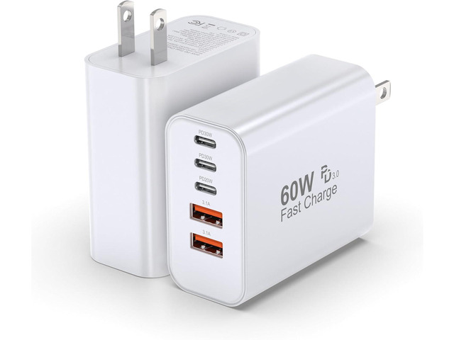 USB C Charger Block, 2-Pack 60W 5 Ports USBC Wall Charger Plug Fast Charging, iPhone Charger QC Multiport PD Adapter Chargers, Type C Box Brick...