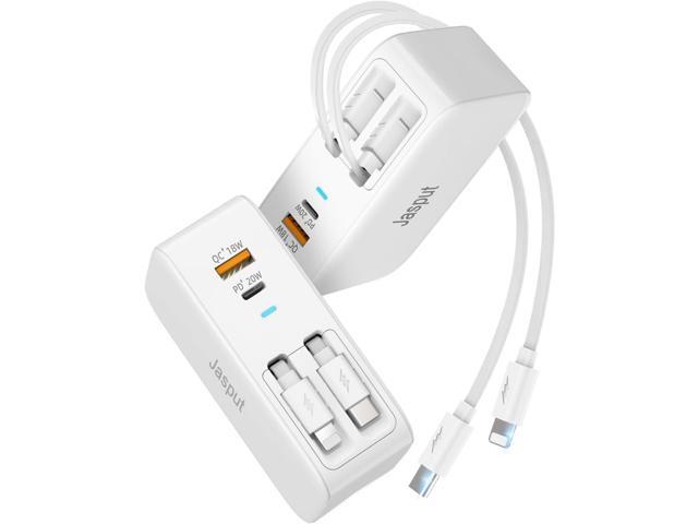 USB Wall Charger Block, Built-in Dual Retractable Cables 40W USB C Block Wall Plug with USB A/USB C Ports, Travel and PD Fast Charging for iPhone...