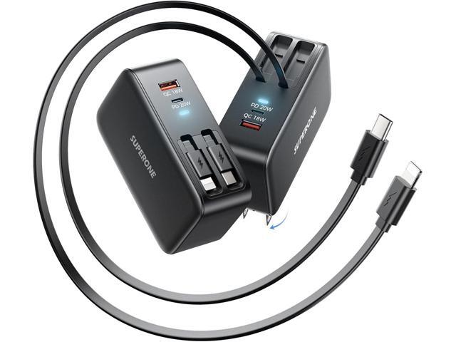SUPERONE 78W Retractable Charger with USB C & Apple Cables, 4-Ports GaN Retractable Wall Charger, USB C Chargers Block Fast Charging for iPhone...