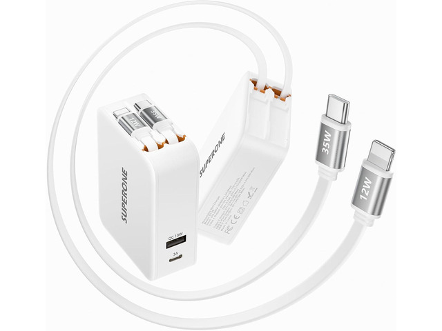 SUPERONE 4-in-1 Retractable Wall Charger with 3.3FT Longest Retractable Cables (20% Longer), PD 35W Fast Charging Phone Charger Wall Plug for...