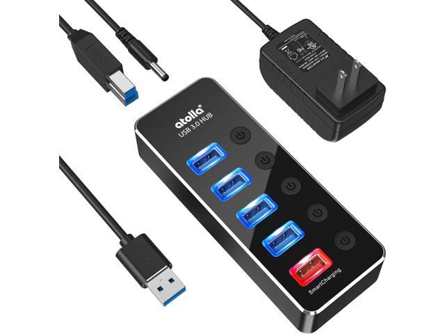 Powered USB Hub, atolla Aluminum 5-Port USB 3.0 Hub with 4 USB 3.0 Data Ports and 1 USB Smart Charging Port, USB Splitter with 5V/3A Power Adapter...
