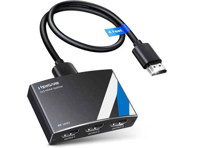 NEWCARE 4K HDMI Splitter 1 in 3 Out with 4 FT Hdmi Cable and Power Adapter Not Support Extended Display, Aluminum Alloy 1×3 HDMI Splitter Support...