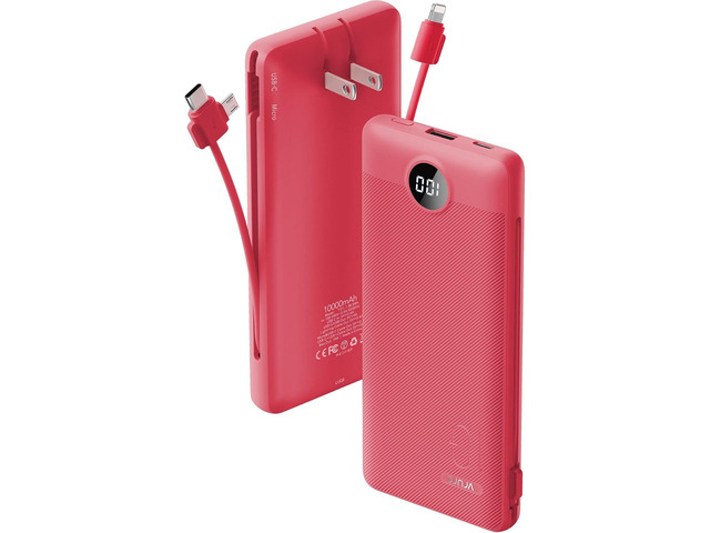 Portable Charger Built-in Cables and AC Wall Plug, VRURC USB C Power Bank 10000mAh, Travel Battery Portable Phone Charger Compact Lightweight...
