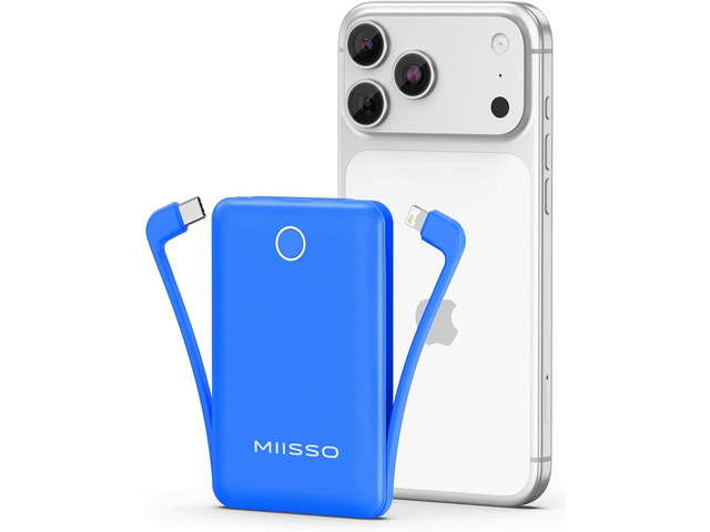miisso 10000mAh Mini Portable Charger with Built in Cable, Pocket Size Power Bank Travel External Battery Pack for Phone, 3 Output USB Type C Cord...