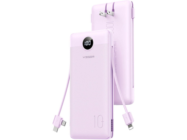 VEGER AC Wall Plug Portable Charger, 10000mah Slim Portable Charger Built in Cables, USB C Power Bank 15W Fast Charging, Travel Essential Battery...