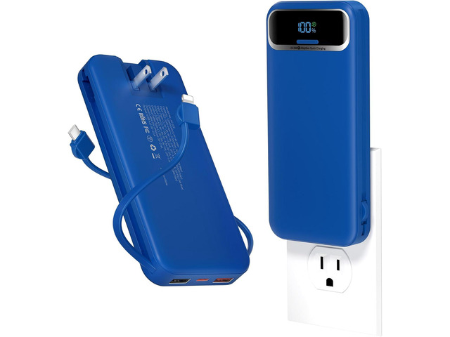 aonidi Portable Charger 12000mAh with Built-in Cables & AC Wall Plug, Navy PD20W USB C Fast Charging,LED Display External Travel Power Bank,TSA...