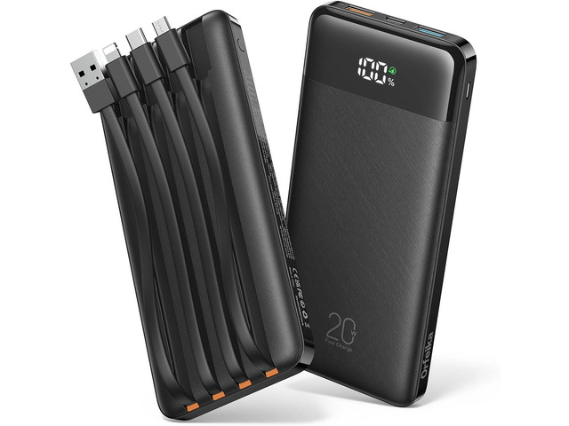 Orfeika 20000mAh Power Bank Fast Charging, Portable Charger with 4 Built-in Cables & 6 Outputs, 20W PD USB C Battery Pack Compatible with iPhone...