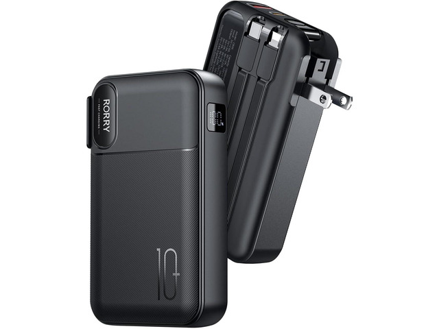 RORRY Portable Charger Built in Cables, AC Wall Plug In Portable Charger Power Bank 10000mAh Travel Battery Pack 22.5W Fast Charging for iPhone...