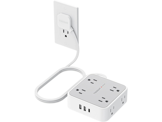 TESSAN Surge Protector Power Strip with 900J Surge Protection, 5 Ft, Grey 8 AC with 3 USB Ports (1 USB C), Flat Plug Extension Cord, 3 Sided...