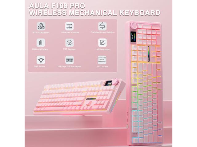 AULA F108 PRO - Wireless Mechanical Keyboard with Screen & Knob,Full Size Keyboard with 8000mAh Battery,Pre-lubed Switches,Side Printed PBT...