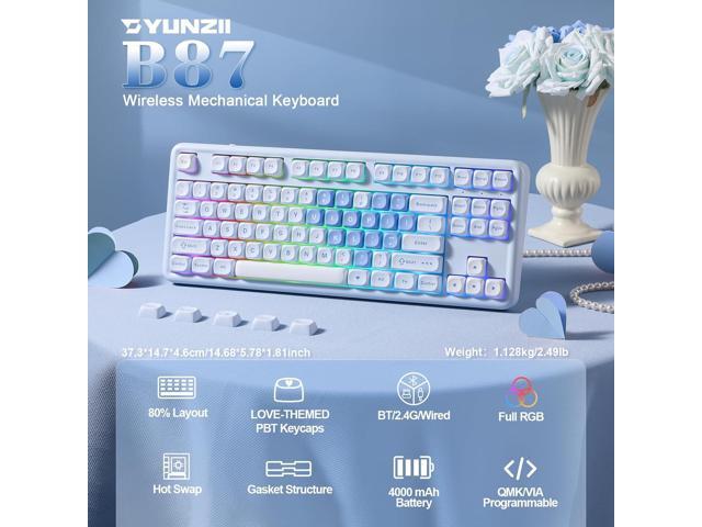 YUNZII B87 Wireless Mechanical Keyboard,QMK/VIA Programmable,TKL Layout 87 Keys,BT/2.4G/USB-C,Hot Swap Gasket Mount RGB Backlit Gaming with Wrist...