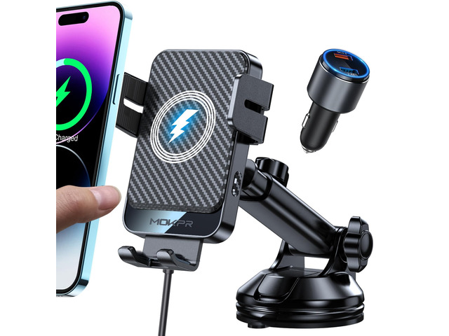 Wireless Car Charger 15W Fast Charging Dash Windshield Vent Car Mount Auto-Clamping Universal Hands-Free Car Charger Compatible with iPhone 17/16...