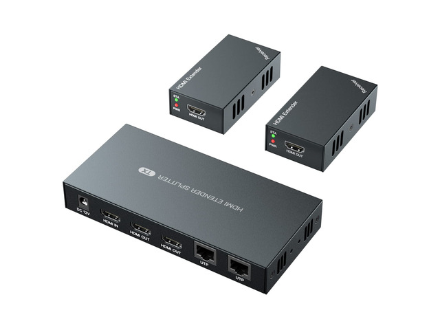 HDMI Extender Splitter 1x2 1080P@60Hz Over Cat 5E/6/7 Ethernet Cable 50m (165ft) Support 2 HDMI loopout EDID Copy POC Function (1 in 2 Out)
