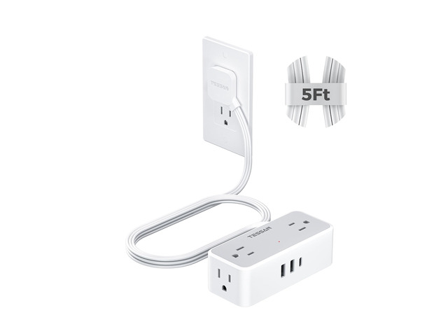 Extension Cord 5 FT, Power Strip with 900J Surge Protection, Grey 4 AC Outlets 1 USB C and 2 USB A Ports, Flat Plug, Multiple Wall Outlet Extender...