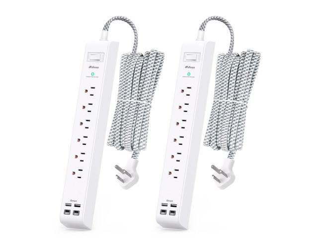 2 Pack Extension Cord 10FT Power Strips with Surge Protection 6 Outlets 4 USB Charging Ports, Flat Plug, Overload Protection, Wall Mount for Home...