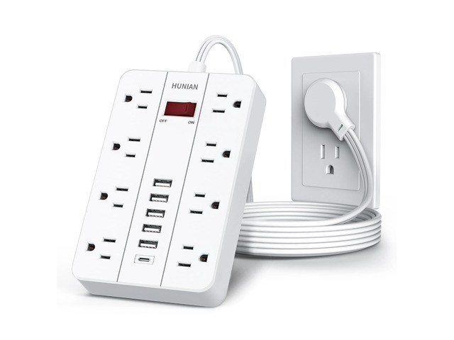 Power Strip with USB, Flat Plug Extension Cord, 5Ft, White 8 Widely Spaced Outlets 6 USB Charger (1 USB C Port), Extension Cord with Multiple...