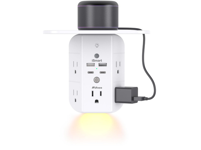 Outlet Extender with Shelf and Night Light, 1800J Surge Protector 5 Wide Outlet Splitter & 4 USB Ports2 USB C) Wall Charger, Multi Plug Wall...