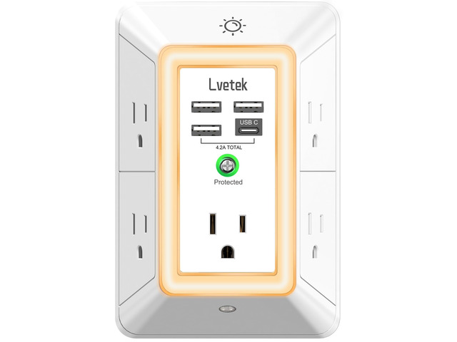 Multi Plug Outlet Surge Protector - 3-Sided Power Strip with 5 Outlet Extender and 4 USB Ports(1 USB-C) and Night Light, USB Wall Charger for Home,...