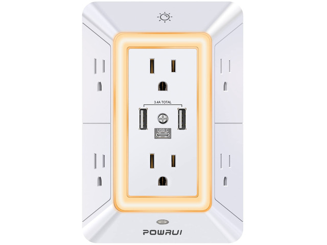Multi Plug Wall Outlet Night Light, 6 Outlet Extender & 3 USB Ports 3-Sided Power Strip, Adapter Spaced Outlets, 1680J Surge Protector, Outlet...