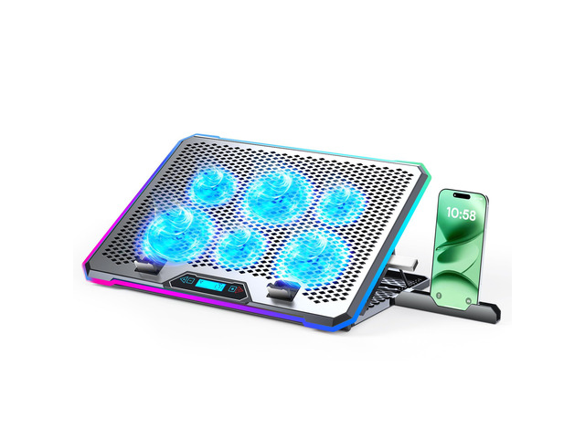 Aluminum Alloy RGB Gaming Laptop Cooler with 6 Fans and LCD Screen - 10 RGB Modes Memory Function, 4 USB Ports 3.0 and 2.0 Hub, 9 Height Adjustable...
