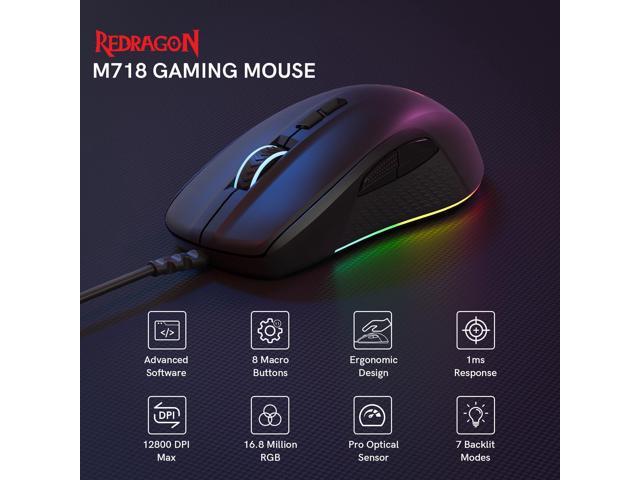 Redragon Wired Gaming Mouse, Black PC Gaming Mice with RGB Backlits, 7 Programmable Macro Buttons, Max 12800 DPI, 1000Hz Polling Rate, Cool Corded...