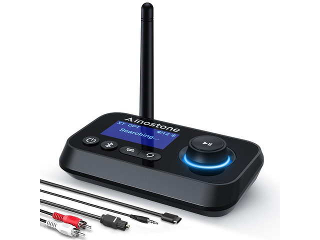 Bluetooth Transmitter Receiver 3-in-1 Bluetooth 5.3 Audio Adapter for 2 Headphones with Bypass Volume Control ON/Off Switch LCD Display 3.5mm...